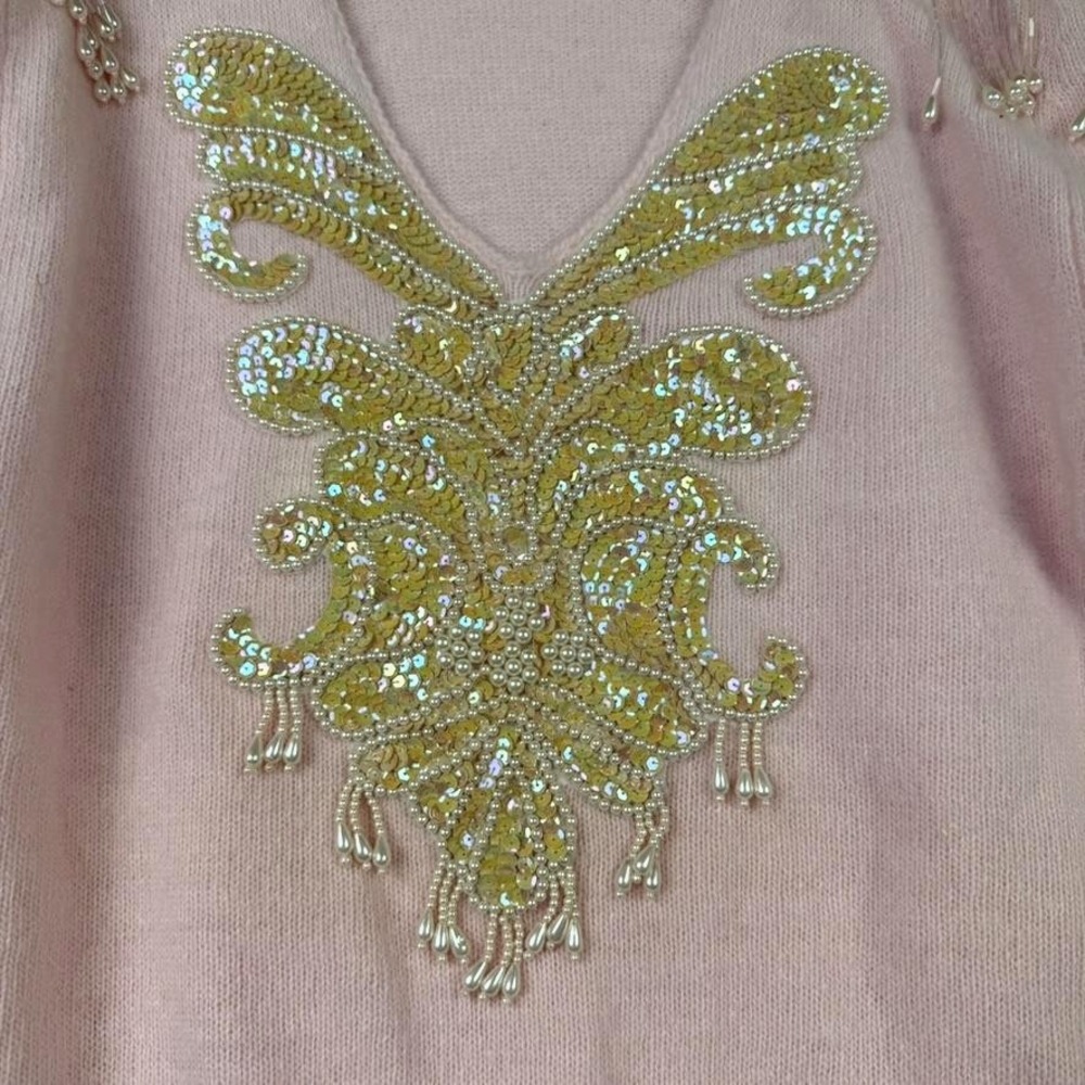 Vintage Simply Tops Sweater‎ Womens Small Pink V Neck Beaded Sequin Angora 80s - Picture 3 of 8